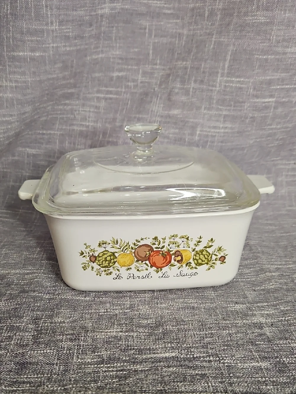 Corningware White Casserole with Garden Vegetable Motif and Glass Lid